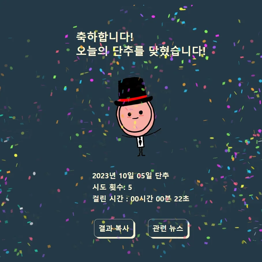 문제를 모두 맞혔을 때 나타나는 축하 화면. 시도 횟수와 걸린 시간, 결과 복사와 관련 뉴스 버튼이 있다.