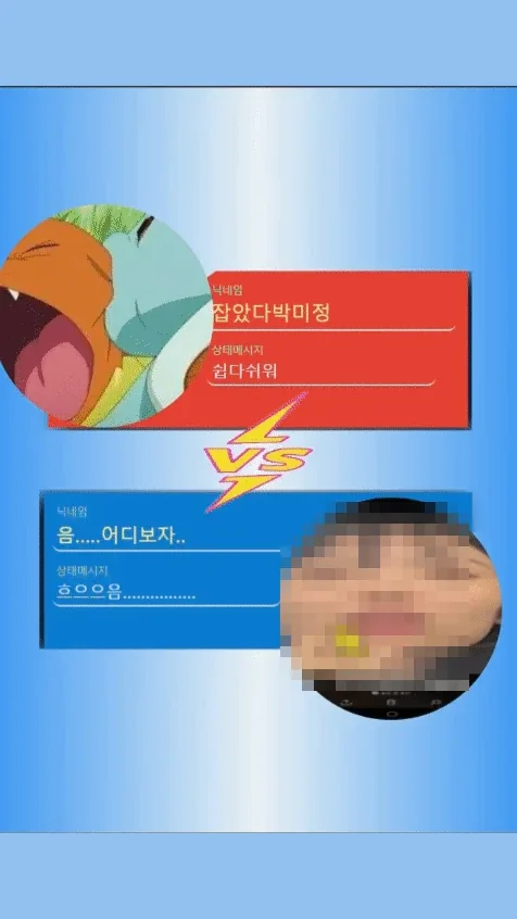 매칭 성사 화면. 두 참가자의 프로필과 닉네임이 VS 표시를 사이에 두고 위아래로 놓여 있다.