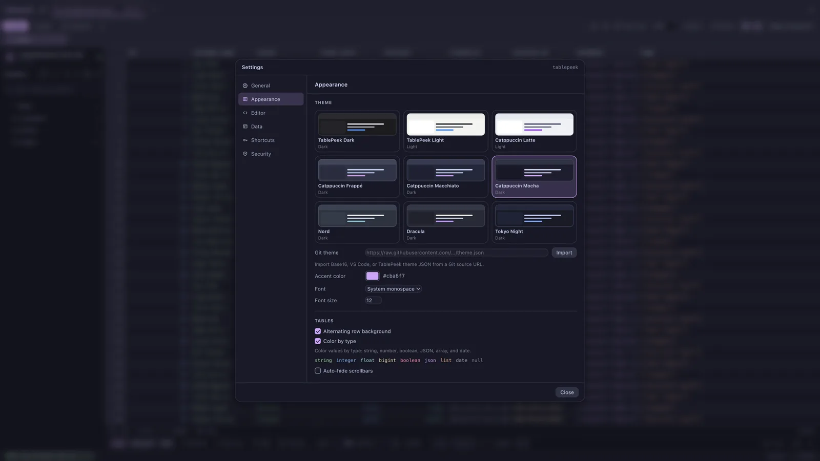 테마 목록과 타입 색상 미리보기가 함께 있는 TablePeek 화면 설정